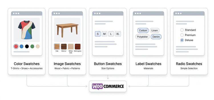 Different types of WooCommerce variation swatches including color, image, button, label, and radio swatches