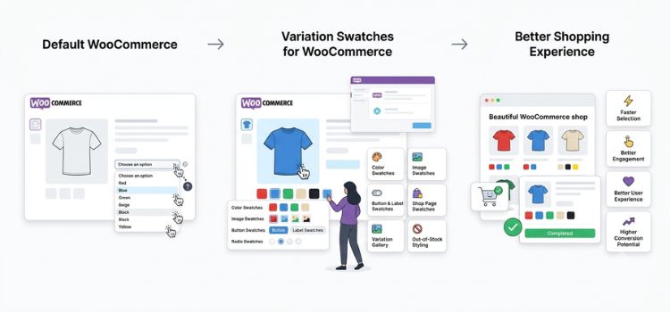 Variation Swatches for WooCommerce replacing default dropdowns with interactive swatches to improve product pages and the shopping experience