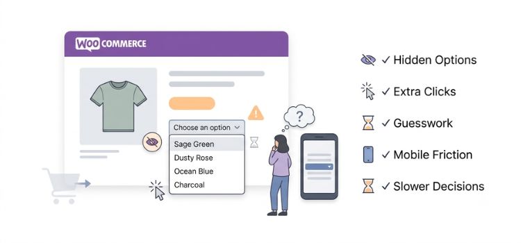 Plain WooCommerce variation dropdown showing hidden product options and extra clicks that create shopping friction
