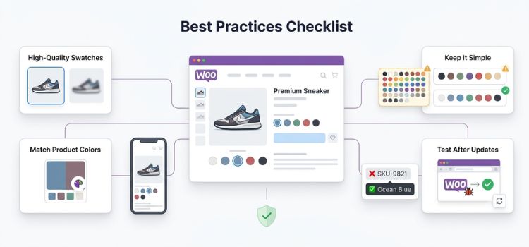 Best practices for using WooCommerce color swatches, including high-quality images, mobile optimization, clear labels, and regular testing