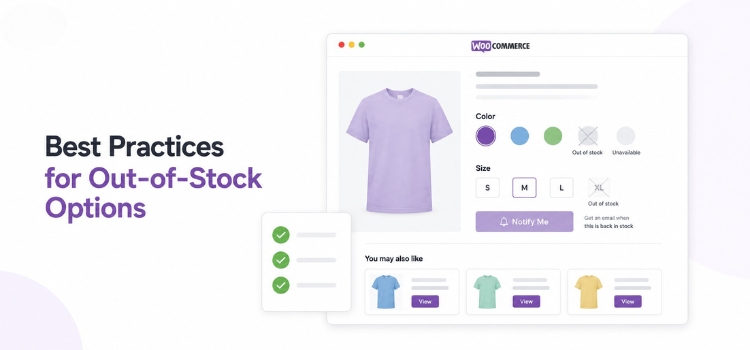 WooCommerce product page demonstrating best practices for displaying out-of-stock variations with disabled options, Notify Me button, and related products.