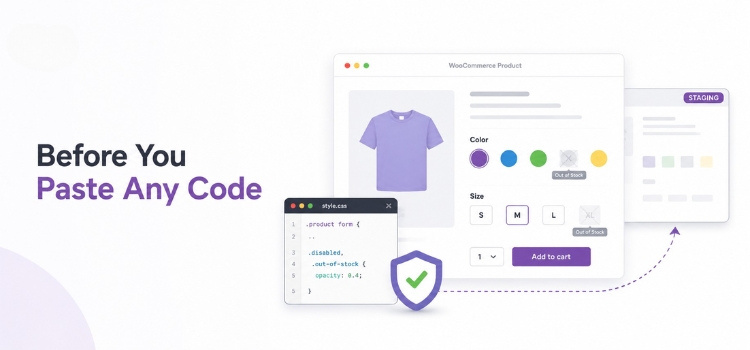 Illustration of a WooCommerce product page, code editor, and staging environment emphasizing safe code changes before customizing product variations.