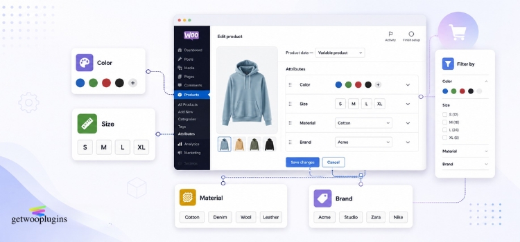WooCommerce product attributes with color, size, material, brand, and product filtering options