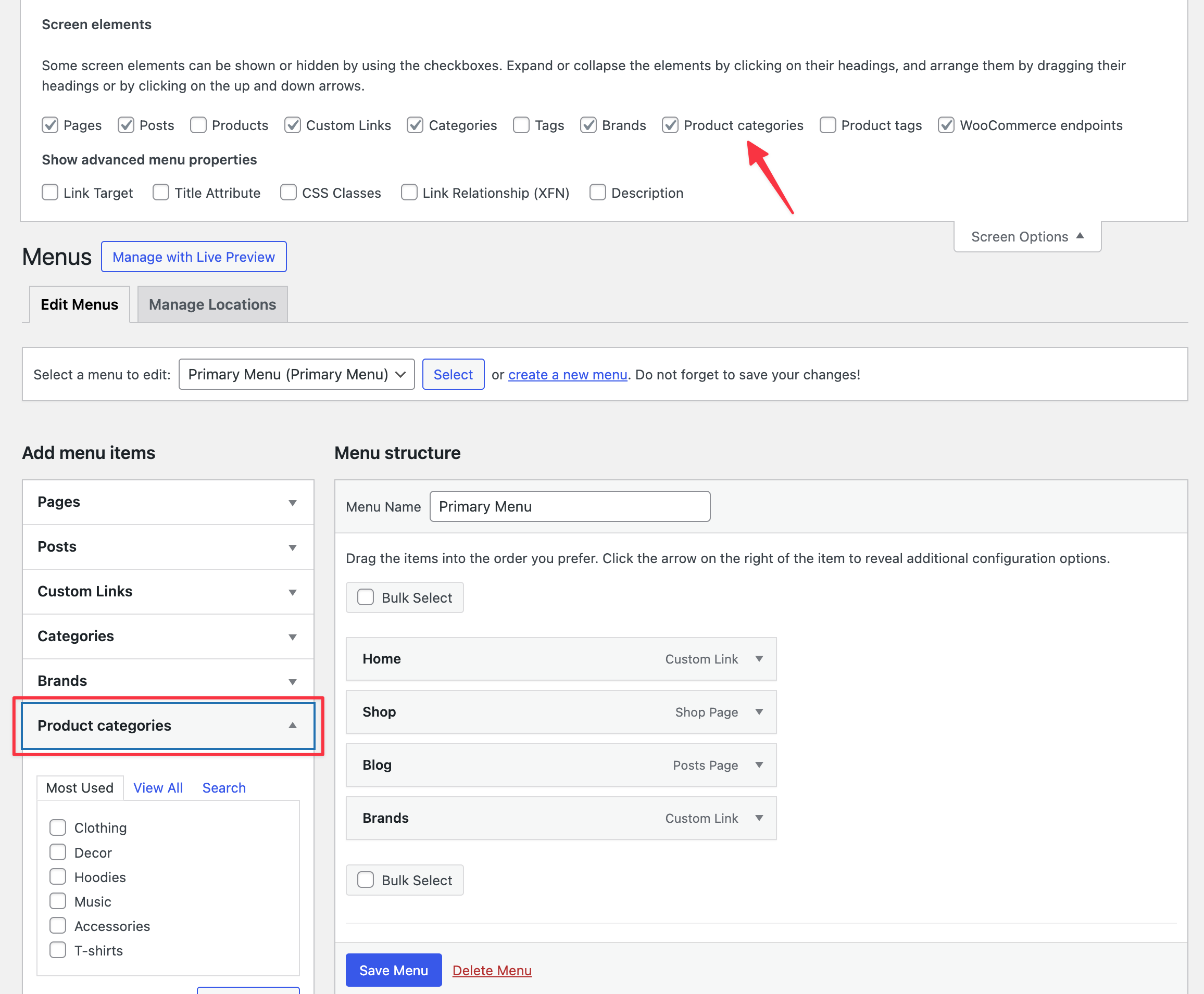 Adding-product-categories-to-navigation-menu-woocommerce