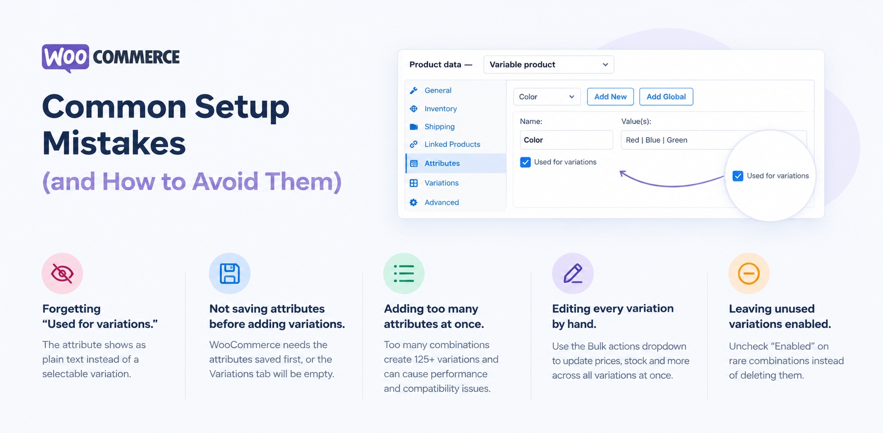 Common WooCommerce product variation setup mistakes β WooCommerce variable product Attributes panel highlighting the βUsed for variationsβ setting and key setup pitfalls.