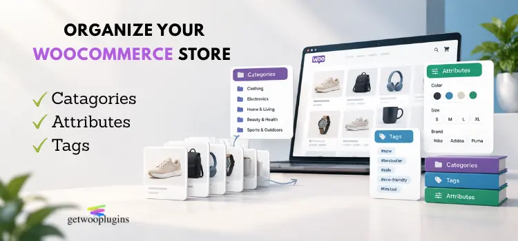WooCommerce product management category taxonomy showing categories, tags, and attributes